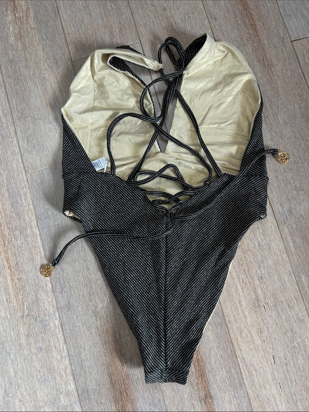 Luli Fama black with gold shimmer striped straps back swimsuit size large sexy